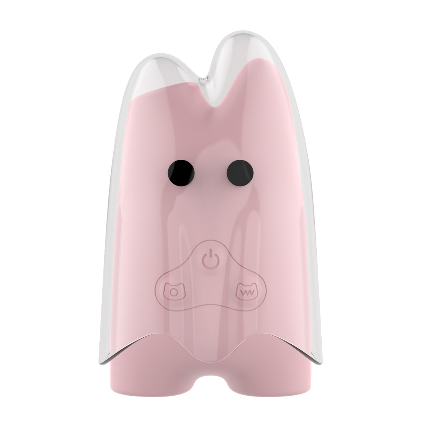 Pink ghost-shaped device with black eyes and power symbol on a white background