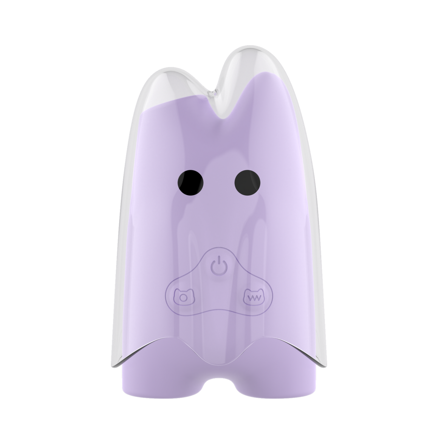 Purple ghost-shaped device with a power symbol on a white background