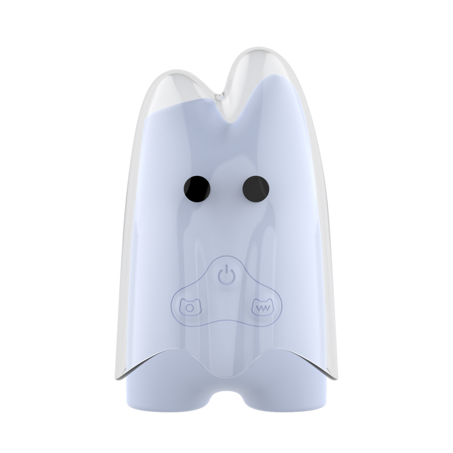 Ghost-shaped device with a power symbol on a white background