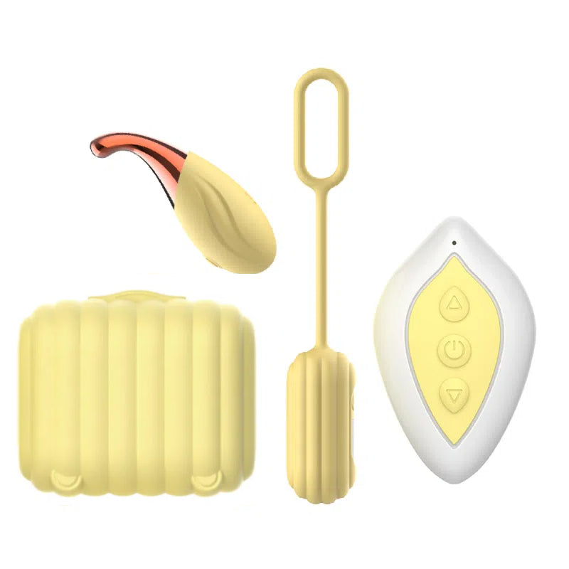 Set of yellow and white electronic devices on a white background