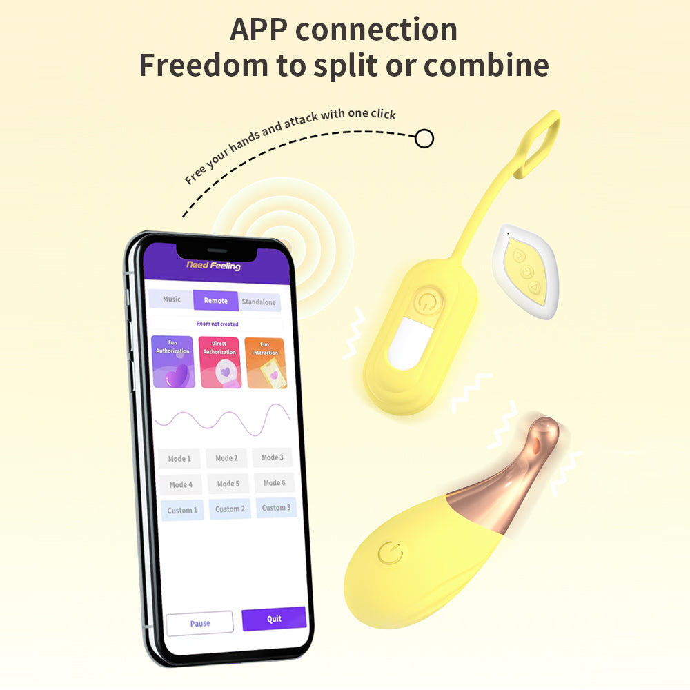Yellow handheld device with app interface on smartphone screen, showing app connection and split/combine functionality.