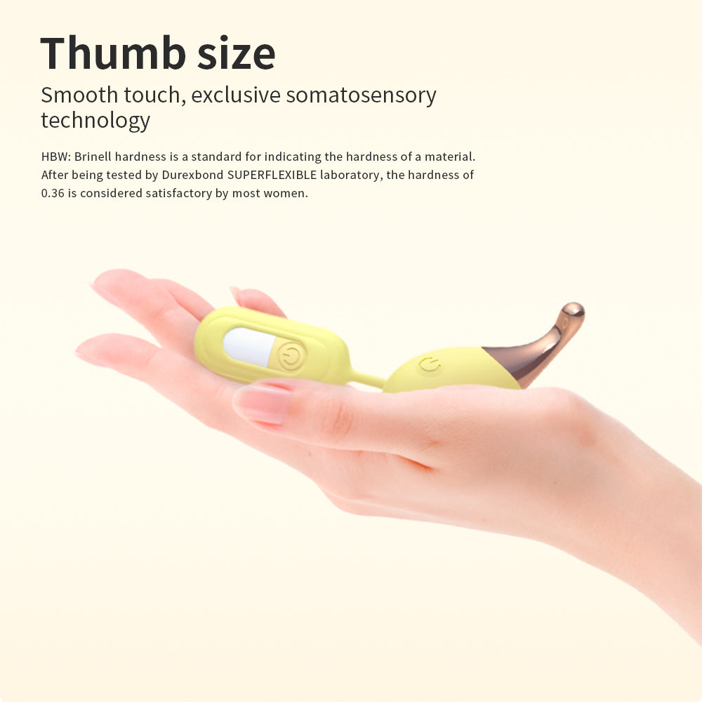 Yellow product held in a hand with text about thumb size and technology