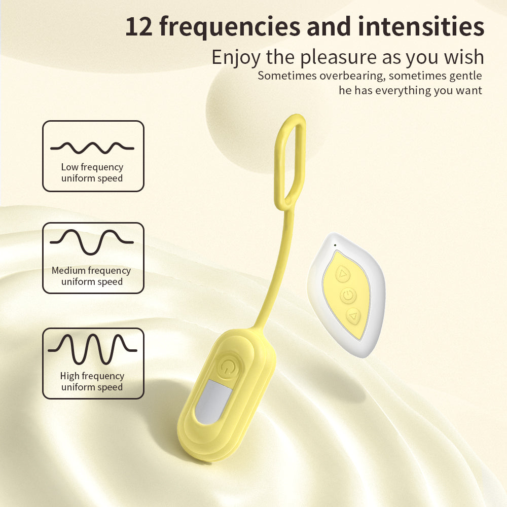 Yellow electronic device with control panel on a beige background, featuring text about frequency and intensity.
