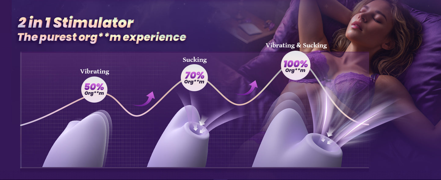 2-in-1 stimulator with text and graphics on a purple background.