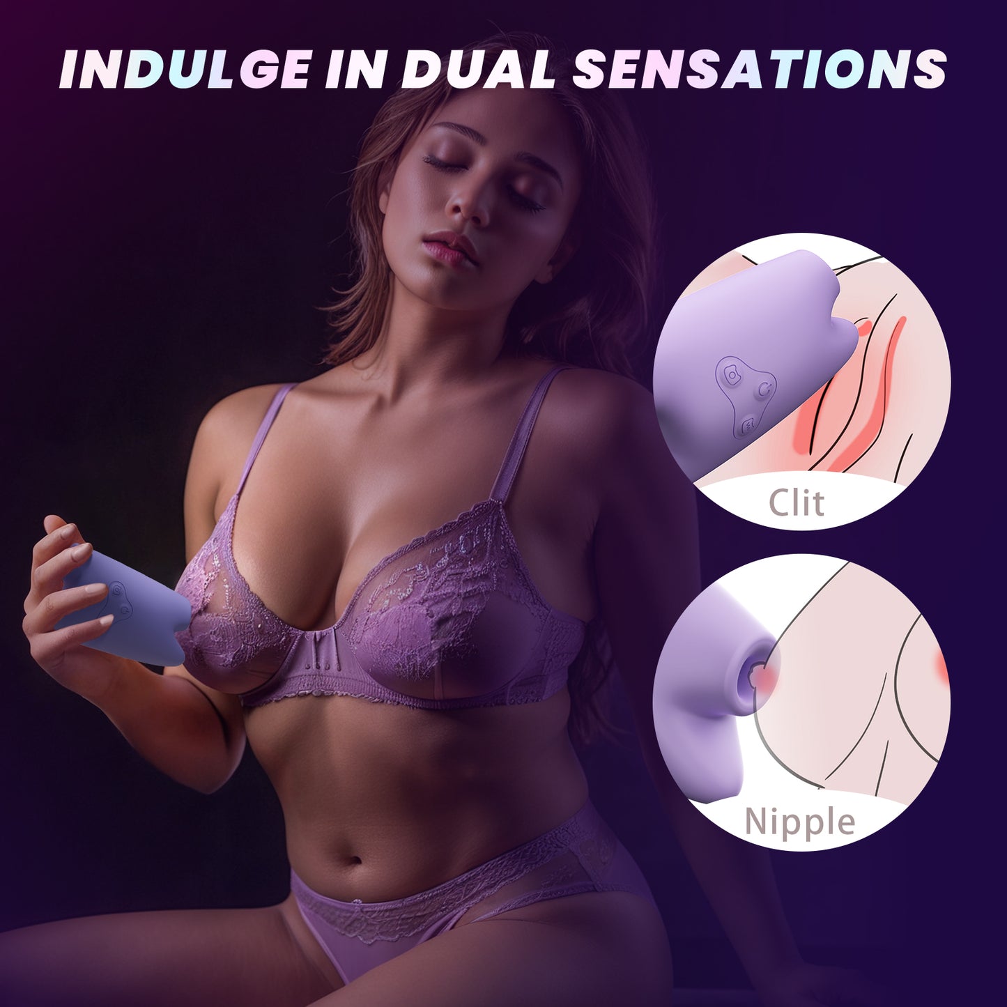 Woman holding a purple device with insets showing 'Clit' and 'Nipple' on a dark background.