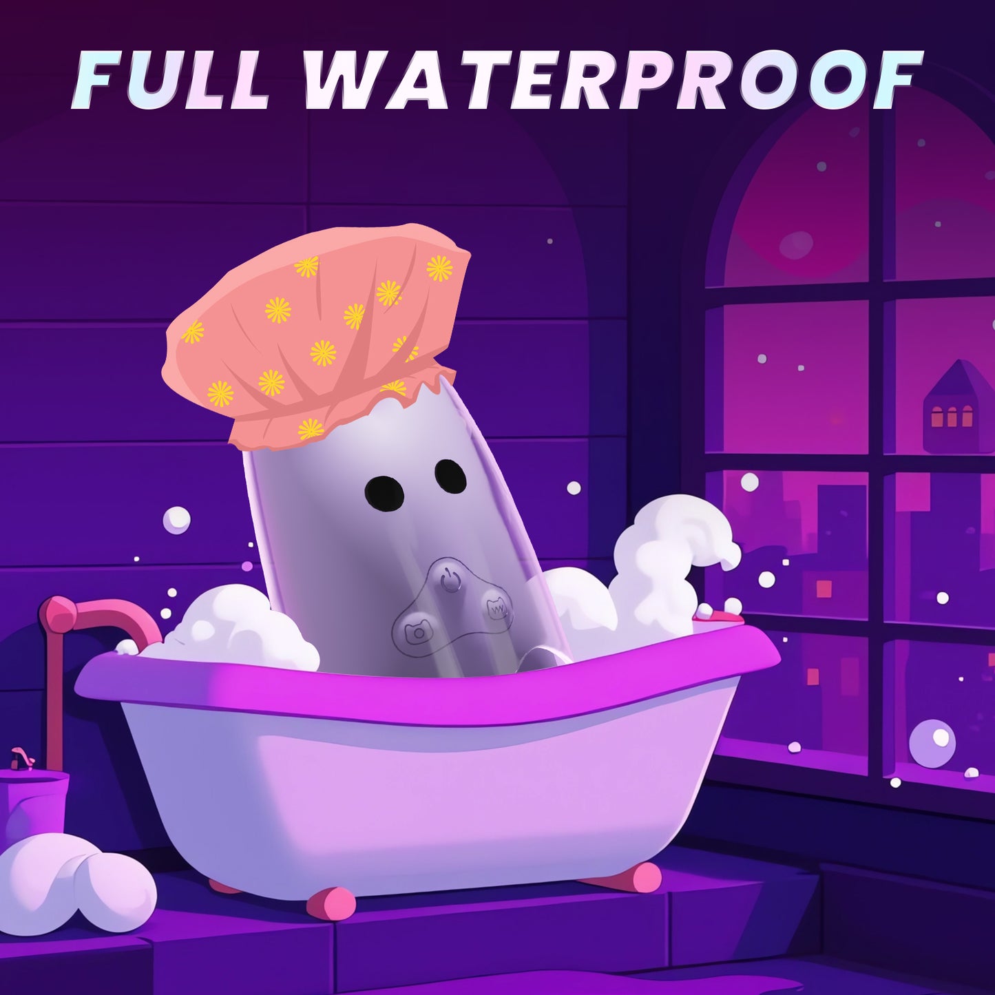 Ghost taking a bath with bubbles and a towel, labeled 'FULL WATERPROOF'.