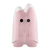 Pink ghost-shaped device with black eyes and power symbol on a white background