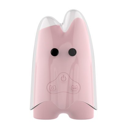 Pink ghost-shaped device with black eyes and power symbol on a white background