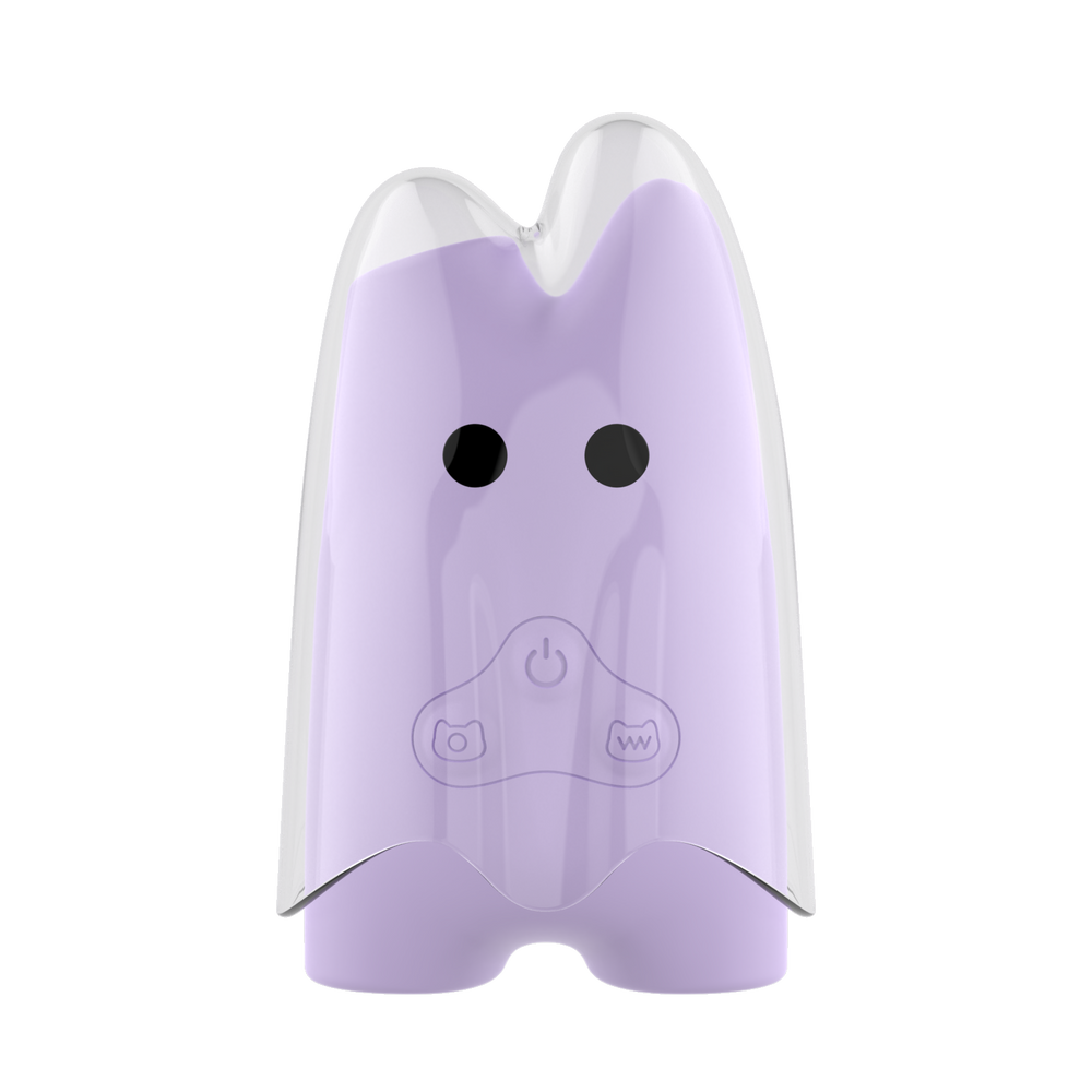 Purple ghost-shaped device with a power symbol on a white background