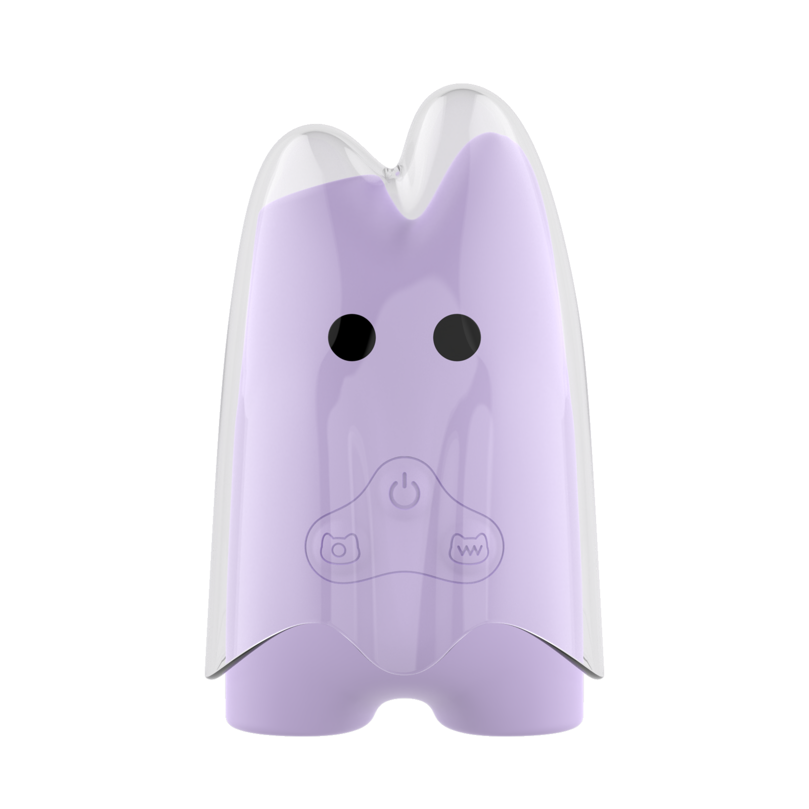 Purple ghost-shaped device with a power symbol on a white background