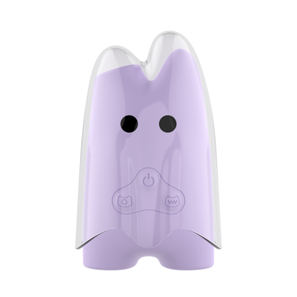 Purple ghost-shaped device with a power symbol on a white background