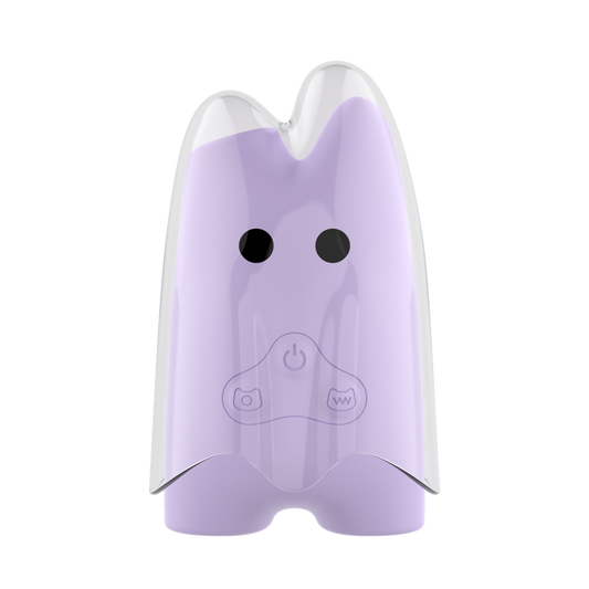 Purple ghost-shaped device with a power symbol on a white background