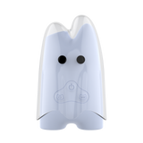 Ghost-shaped device with a power symbol on a white background