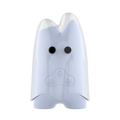 Ghost-shaped device with a power symbol on a white background