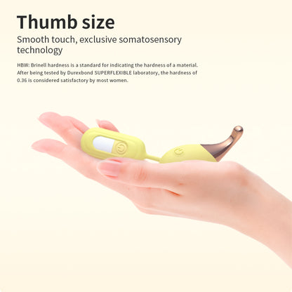 Yellow product held in a hand with text about thumb size and technology