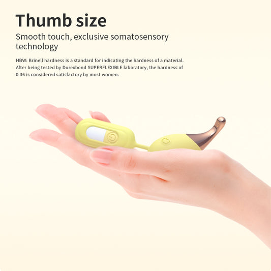 Yellow product held in a hand with text about thumb size and technology