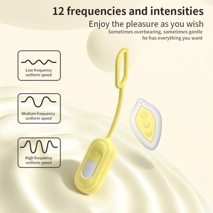 Yellow electronic device with control panel on a beige background, featuring text about frequency and intensity.