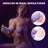 Woman holding a purple device with insets showing 'Clit' and 'Nipple' on a dark background.