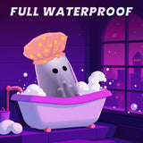 Ghost taking a bath with bubbles and a towel, labeled 'FULL WATERPROOF'.