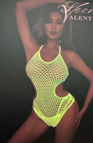 Model wearing a neon green fishnet swimsuit with 'Secret Valentina' branding on a dark background.